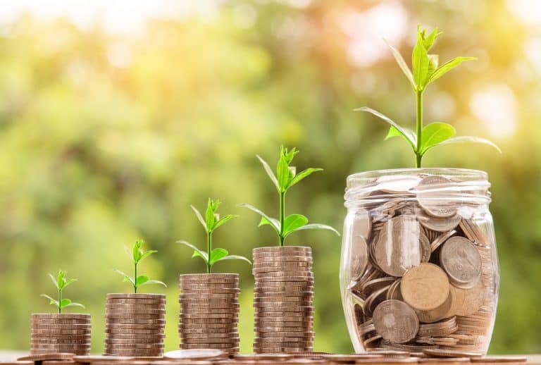Progressively larger stacks of coins with green plant sprouting from the tops