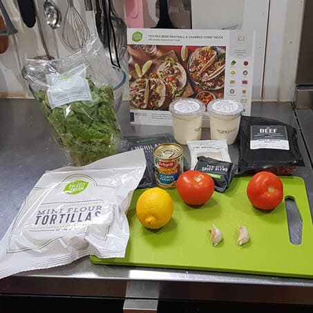 Hello Fresh Beef meatball tacos ingredients laid out