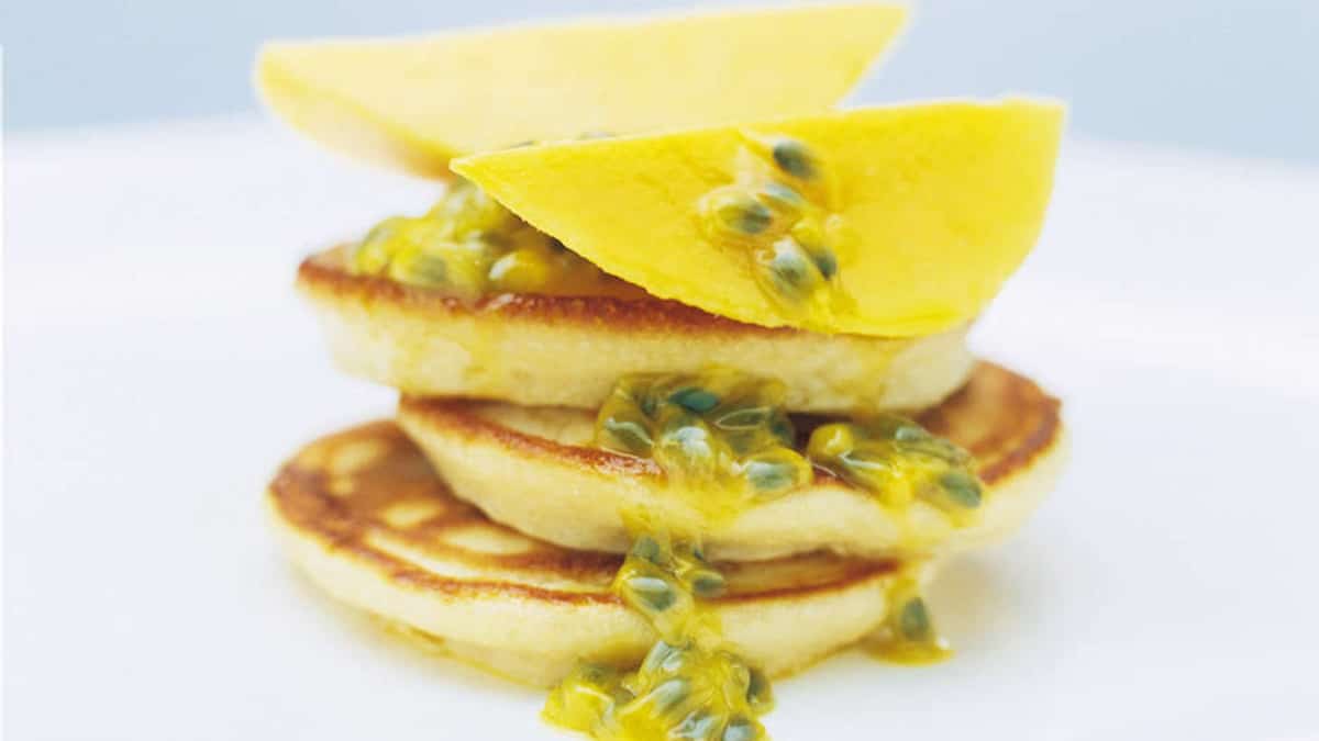 Vanilla Coconut Pancakes With Mango And Passionfruit