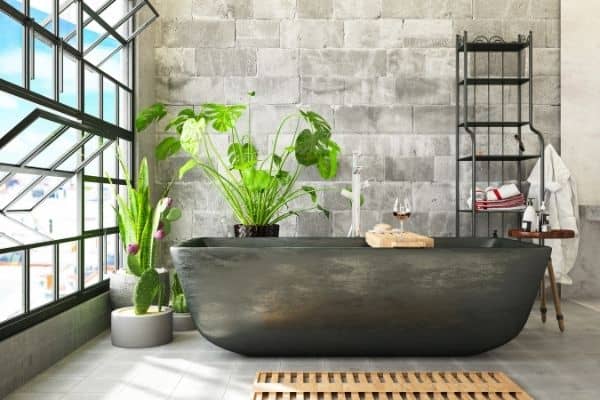 A modern bathroom with indoor plants