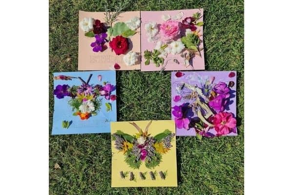 Kids craft using flowers and leaves
