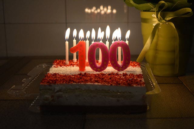 Birthday cake with candles and number 100