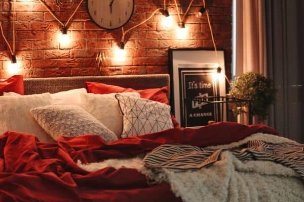 bedroom with cozy lights